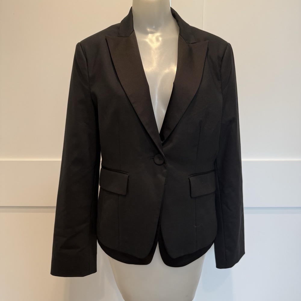 BCBGMAXAZRIA Black Wool Blazer Women's Satin Lapel Tailored Jacket Medium